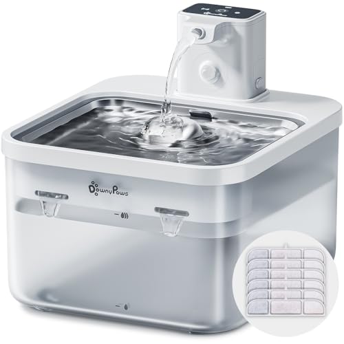 DownyPaws White Stainless Steel Cat Water Fountain Battery Operated Wireless with 6pcs Filter Replacement for 3 Months
