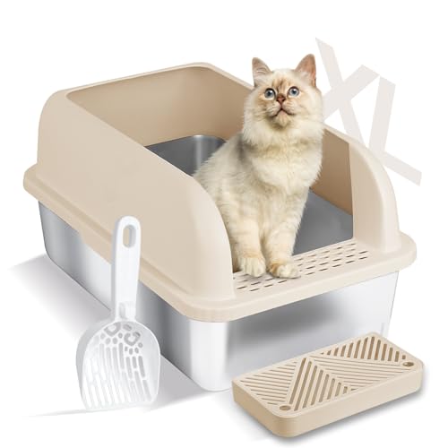 Chenove XL Stainless Steel Litter Box with Lid, High Wall Metal Litter Box fot Big & Multiple Cats, Non Stick Easy Cleaning Kitty Litter Box, Enclosed Cat Litter Boxes with FootBoard for Low Tracking - Beige&Sliver - 6" Deep