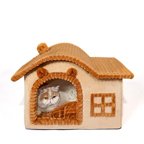 Jiupety Bear Cat House for Cat, Chimney Cat House for Indoor Cats, Enough Interior Space, Pet Animal House for 3-15 lbs Large Cat and Puppy, Cartoon Cute Chimney Cat House - Large - Brown