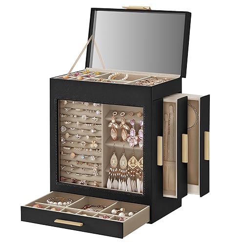 SONGMICS Jewelry Box with Glass Window, 5-Layer Jewelry Organizer with 3 Side Drawers, Jewelry Storage, with Big Mirror, Christmas Gift, 6.1 x 10.3 x 12.6 Inches, Ink Black and Metallic Gold - 6.1’’D x 10.3’’W x 12.6’’H - Ink Black + Metallic Gold