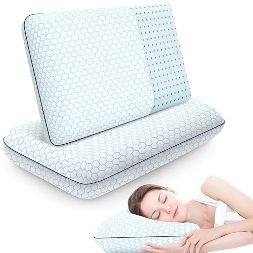 CushyOasis Memory Foam Pillows for Side, Back and Stomach Sleepers, Set of 2, Cooling Pillow with Washable Cover and Breathable Mesh, Bed Pillow for Sleeping (Blue，Standard Size - 2 - Standard Size