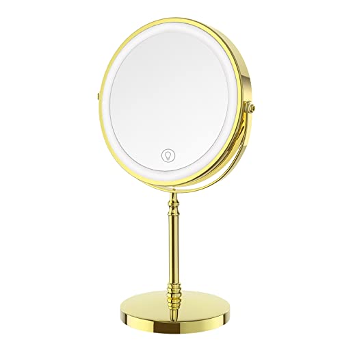 DEIOVWXS Lighted Makeup Mirror, 8" Rechargeable Double Sided Magnifying Mirror with 3 Colors, 360° Rotation Vanity Mirror, Brightness Adjustable Magnification Light up Mirror - Gold
