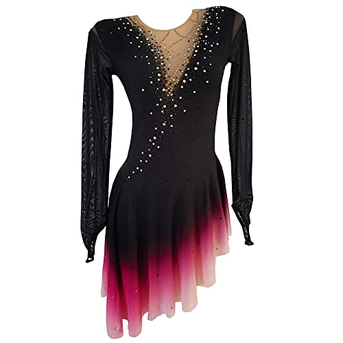 LIUHUO Black Figure Skating Skirt Rose Red Skirt with Gradient Mesh Hook Sleeve Girl Performance - Large - Black