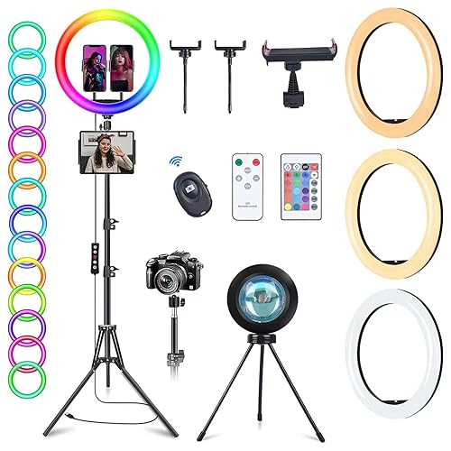 13" RGB Ring Light with Stand and 2 Phone Holders Tall 63", Sunset Lamp & 51 Colors Modes Selfie Ringlight with Desk Tripod, 218 LEDs Circle Light Kits for TikTok/Live Stream/Makeup/YouTube - 13 Inch