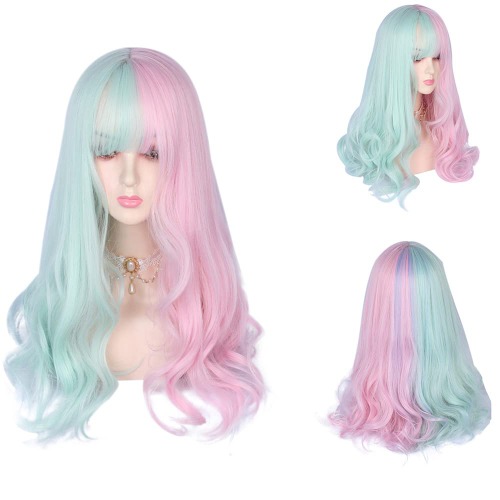 Mcoser Long Wavy Wigs for Women Long Wavy Curly with Bangs Pink Mix Green Wigs Harajuku Style Synthetic Hair Long Cosplay Wigs for Party Halloween or Daily Wear