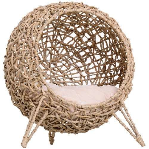 PawHut Rattan Elevated Cat Bed House Kitten Basket Ball-Shaped Pet Furniture w/ Removable Cushion - Natural