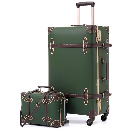 urecity Vintage Suitcase Set for Women, Vintage Luggage Sets for Women 2 Piece, Cute Designer Trunk Luggage, Retro Suit Case, Army Green, 26"+12" - 26"+12" - Army Green
