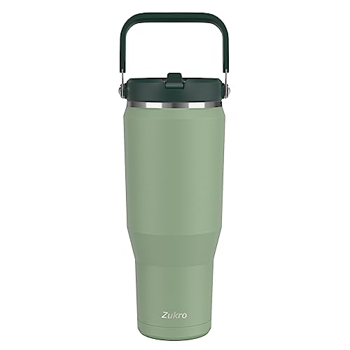 Zukro 50 OZ Tumbler With Flip Straw, Leak Proof Stainless Steel Cup with Top Handle Lid, No Sweat Insulated Water Bottle Fit in Cup holder for Home, Outdoors, Keep Drinks Cold 24 hours, Green - Hammertone Green - 50 oz