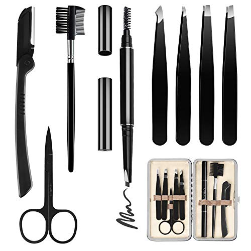 HOCOSY Augenbrauen Set, Pinzette Augenbrauen Zupfen, 8-pcs Augenbrauen-Pflege-Set mit Braunem Augenbrauenstift, Augenbrauen Kamm, Pinzetten, Rasierer, Pinsel, Scheren Set Pflege