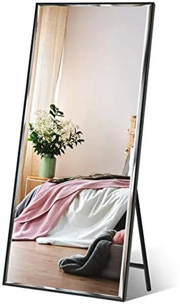 Amazon Brand - Eono 165 x 61 cm Ankleidespiegel Ganzkörperspiegel mit schwarzem Rahmen und Splitterschutz, großer Wandspiegel oder Standspiegel - Schwarz