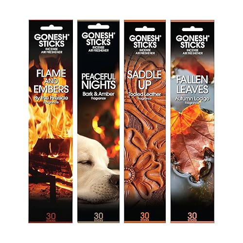 Gonesh Scents of Fall - Incense Sticks Variety Pack - Non-Toxic 10” Slow Burn Aromatic Sticks - Bark & Amber, by The Fireside, Autumn Lodge, Tooled Leather - 30 Sticks Each