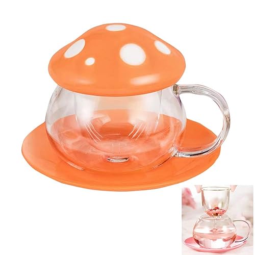 Cute Cups Mushroom Tea Cup with Infuser and Lid, Kawaii Glass Tea Cups and Saucers, 290ML Mushroom Mugs with spoon, Present for Christmas Perfect for Girls Women for Home and Office Use 9.6oz (Orange) - Orange