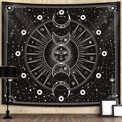 Space Tapestry Wall Hanging Sun Moon Stars Space Psychedelic Tapestries Wall Tapestry for Bedroom Aesthetic Home Wall Dorm Décor - 51x59 Inches - Black