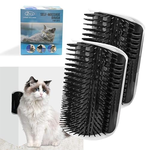 2 Pack Black Catnip Wall Massage Corner Brush for Long & Short Fur Cats and Kittens - Self Groomer Scratcher with Soft Comb - Black