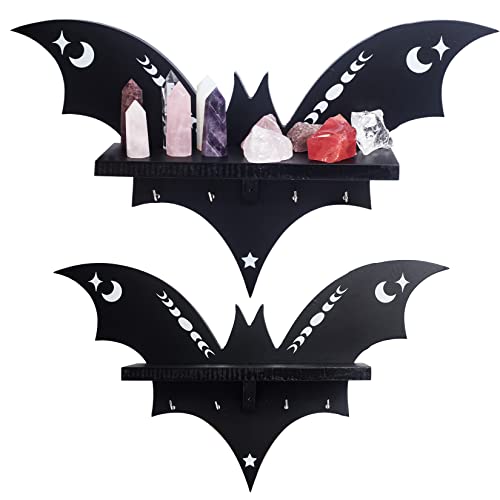 CEFLITECO Bat Shelf - Halloween Wall Decor for Kitchen and Living Room - Spooky Goth Hanging Coffin Shelf with Hooks for Oddities and Curiosities - Crystal Shelf for Display - Witchy Gifts for Women
