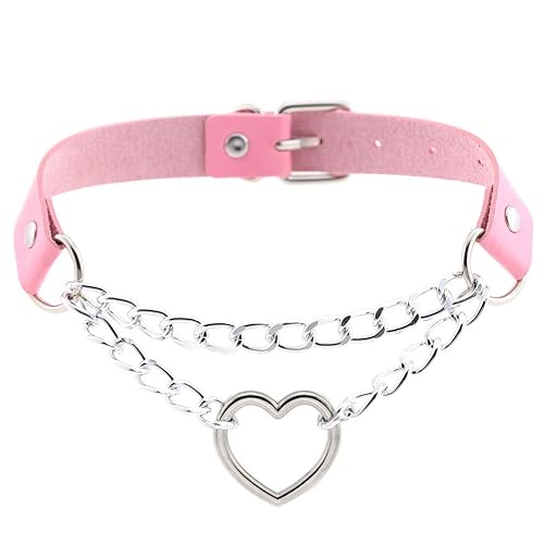 Outman Adjustable Faux Leather Punk Choker Necklaces Goth Collar Necklaces for Women - Pink with Heart