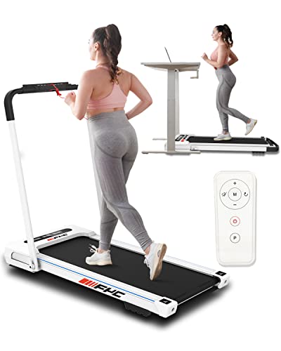 FYC Under Desk Treadmill - 2 in 1 Folding Treadmill Desk Workstation for Home 3.5HP 300LBS Weight Capacity, Free Installation Foldable Treadmill Compact Electric Running Machine for Office - White