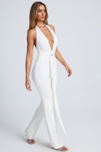 Hardware Detail Plunge Halterneck Jumpsuit in White | 6