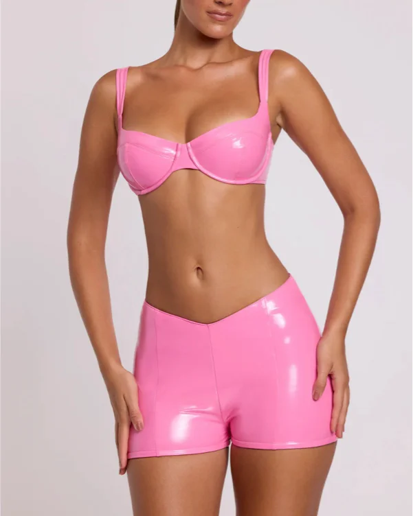 Vinyl Angled Waist Mini Shorts in Pink | 6