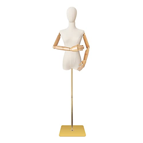 Mannequin Body Female Dress Form Linen Fabric Manikin Torso with Detachable Head Adjustable Height Metal Stand, Two Wooden Hands - Two Wooden Hands