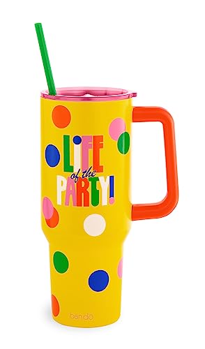 ban.do 40 Ounce Tumbler with Handle and Straw, Double Walled Insulated Tumbler, Yellow Stainless Steel Travel Mug, Cupholder Friendly Large Tumbler, Life of the Party - Life of the Party