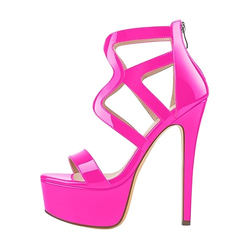 richealnini Women's Crisscross Platform Stiletto High Heels Strappy Sandals with Zipper - 6 - Pink