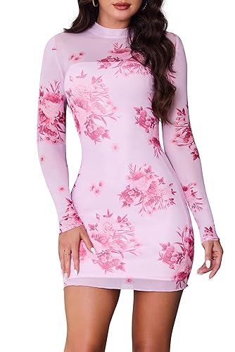 ABMOIU Sexy Print Long Sleeve Mini Dress for Women Bodycon Mock Neck 2 Piece Party Club Dresses - Pink - Small