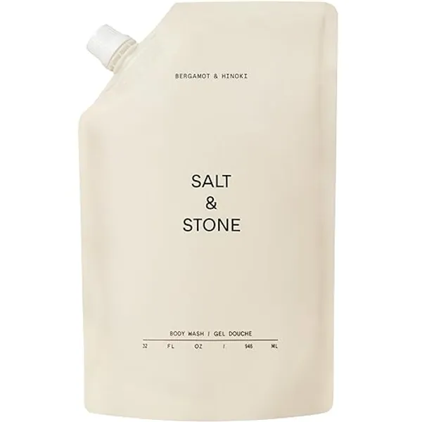 Salt & Stone Body Wash with Antioxidants for Deep Moisture | For Women & Men, Sulfate, Paraben, & Dye Free, Leaving Skin Soft and Hydrated - Bergamot & Hinoki Refill - 32 fl oz