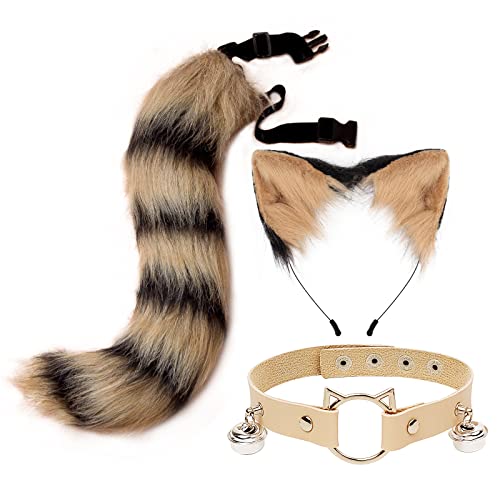 Cat Ears and Tail Set for Girl, Wolf Fox Long Tail Faux Fur Leather Neck Chocker Cosplay Halloween Party Accessories - Brown and Black