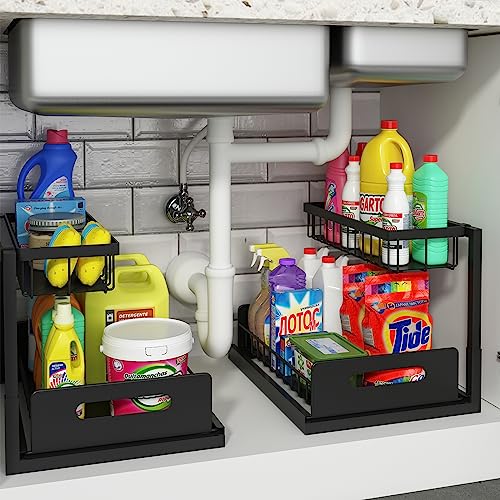 REALINN Under Sink Organizer and Storage, 2 Pack Pull Out Cabinet Organizer Slide Out Sink Shelf Cabinet Storage Shelves, Under Sink Storage for Kitchen Bathroom Cabinet - Black - 2 Pack
