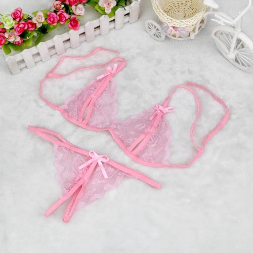 Crotchless Lace Lingerie Set - Pink / S