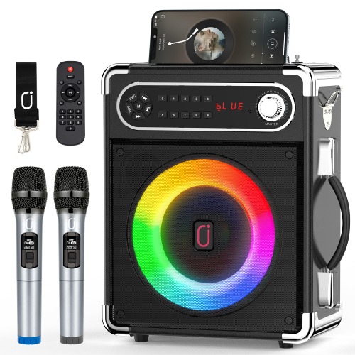 JYX Karaoke Machine with Two Wireless Microphones, Portable Bluetooth Speaker with Bass/Treble Adjustment, PA System with Remote Control, LED Lights,Supports TF Card/USB, AUX IN, FM, REC,TWS for Party - Black
