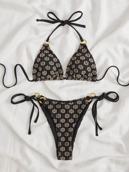 SHEIN SHEIN Swim Chicsea ชุดว่ายน้ำบิกินี่ ลายดอกไม้ทั้งตัว คล้องคอ สามเหลี่ยม ผูกด้านข้าง