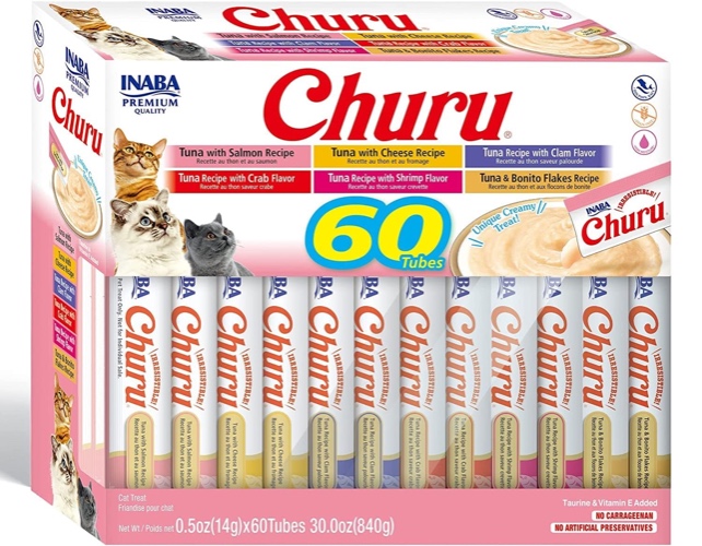 INABA Churu Cat Treats, Grain-Free, Lickable, Squeezable Creamy Purée Cat Treat/Topper with Vitamin E & Taurine, 0.5 Ounces Each Tube, 60 Tubes, Tuna Variety Box - Tuna Variety Box