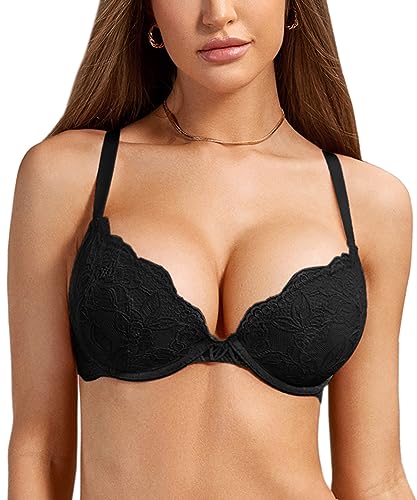 DOBREVA Damen Push Up BH Mit Spitze Gepolstert Plunge Bügel Vollschalen BHS Gemoldete Cups - 75C - Schwarz