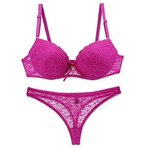 BESTOYARD Damen Spitzen Push up BH Set, sexy Lace Bra und Slip mit Strass Dekor für Frauen 80B (Rose Rot)