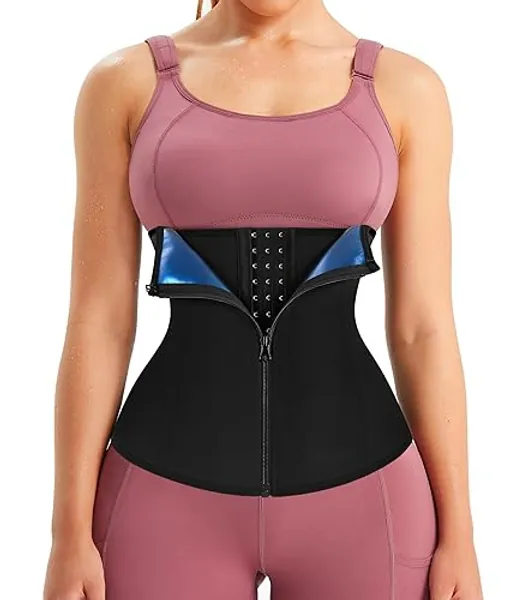 LEINIDINA Womens Waist Trainer Corset with Zipper Sweat Waist Trimmer for Women Workout Belt Corset Shapewear - Black - XX-Large