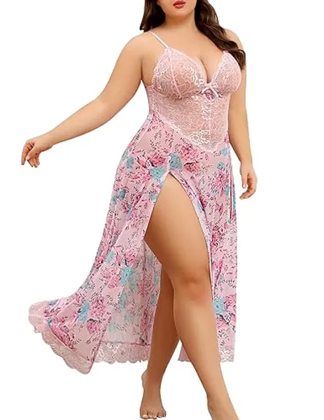 Avidlove Plus Size Lingerie for Women Lace Babydoll Sexy Mesh Nightdress Side Split Nightgown Long Maxi Dress - Floral Pink - X-Large
