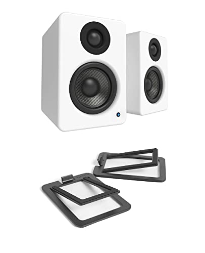 Kanto YU2 PC Gaming Desktop Speakers | 3" Composite Drivers | 3/4" Silk Dome Tweeter | Class D Amplifier | Pair | Matte White with a S2 Angled Desktop Speaker Stands- Black (Pair) (2022) - Matte White - S2