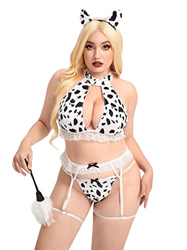 OYOANGLE Women's Plus Size 6 Piece Cow Print Cut Out Garter Costume Cosplay Lingerie Set - XX-Large Plus - Black and White