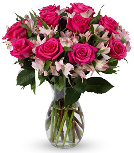 BENCHMARK BOUQUETS - Charming Roses & Alstroemeria (Glass Vase Included), Next-Day Delivery, Gift Fresh Flowers for Birthday, Anniversary, Get Well, Sympathy, Graduation, Congratulations, Thank You - Pink