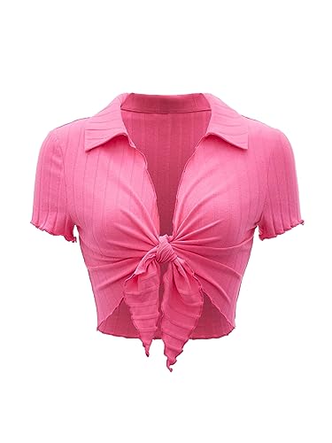 LovelyWholesale Women's Sexy Ribbed Summer Crop Top Lettuce Trim Tie Front Shirts - Medium - Pink