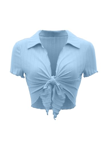 LovelyWholesale Women's Sexy Ribbed Summer Crop Top Lettuce Trim Tie Front Shirts - Medium - Blue