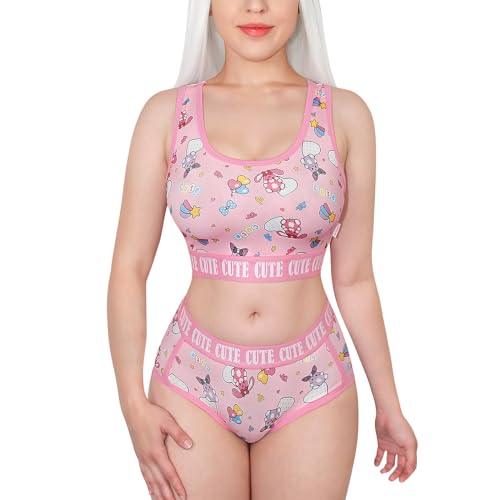 Littleforbig Women Cotton Camisole and Panties Sports Loungewear Usagi Cute & Cozy Bralette Set - Large - Pink