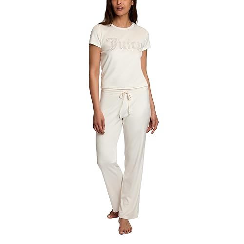 Juicy Couture Women's 2 Piece Velvet Fleece Short Sleeve Shirt and Pants Lounge Sleepwear Set - Large - Pastel Parchment
