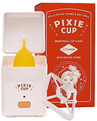 Pixie Menstrual Cup Steamer Sterilizer Cleaner Machine 3.0 + Drying Stand for Discs or Cups - Wash Your Period Cup & Kill 99.9% of Germs with Cleanser Steam - 3 Mins & Your Menstrual Disc is Sterile!