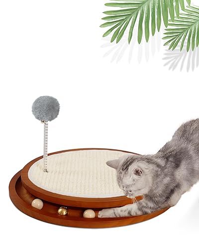 LMUGOOS Cat Scratcher, Cat Cratch Sisal Pad with Wooden Roller Ball Toy, Cat Scratchers Interactive Toys for Indoor Cats, Satisfies Kitten’s Scratching, Chasing and Hunting - Brown