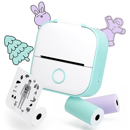 Memoqueen Mini Pocket Sticker Printer T02 Portable Bluetooth Thermal Printer with 3 Rolls Paper for Journal, Memo, Photo,DIY Scrapbook,Travel,Children Women Gifts, Compatible with iOS&Android,Green - Green - 1 Printer & 3 Rolls Paper