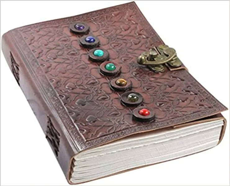 Leather Book of Shadows Journal Embossed with Chakra Gem Stones Crystals Supernatural Notebook Healing crystals and Latch With Small Miniature Gift by Aish (Brown 7stone) -