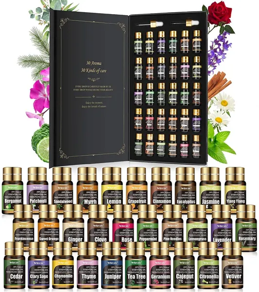 Wtrcsv 30 Aroma Essential Oil Gift Set, Natural Essential Oils Set for Humidifier, Diffusers, Massage, Anxiety & Stress Relief, etc. (30x5ml)